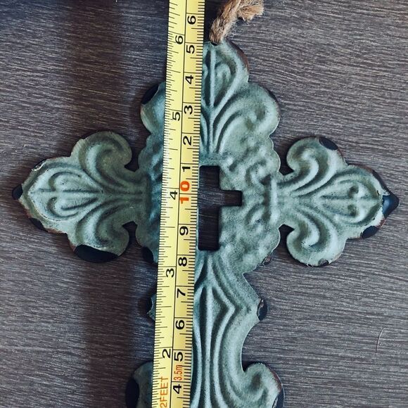 Aqua Teal Rustic Metal Scroll Cross Wall Hanging Decor or Ornament - Picture 2 of 2